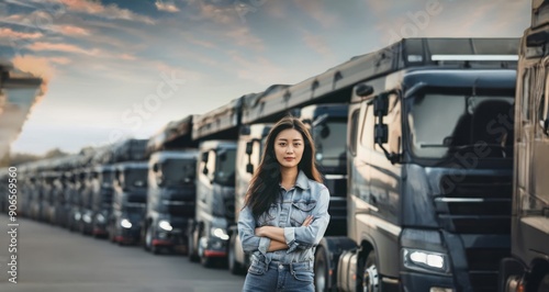 Portrait of a Young Asian Truck Driver with Trucks in the Background.Generated image photo