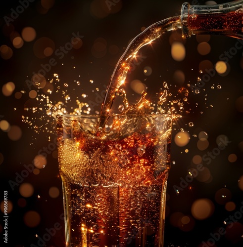 Inviting Close-up of Coke Beverage Pouring into a Glass on a Dark Background, Capturing the Essence of Refreshment
