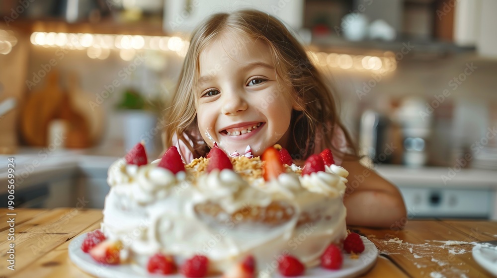 Girl enjoying birthday cake on table at home . Girl enjoying birthday cake on table at home .