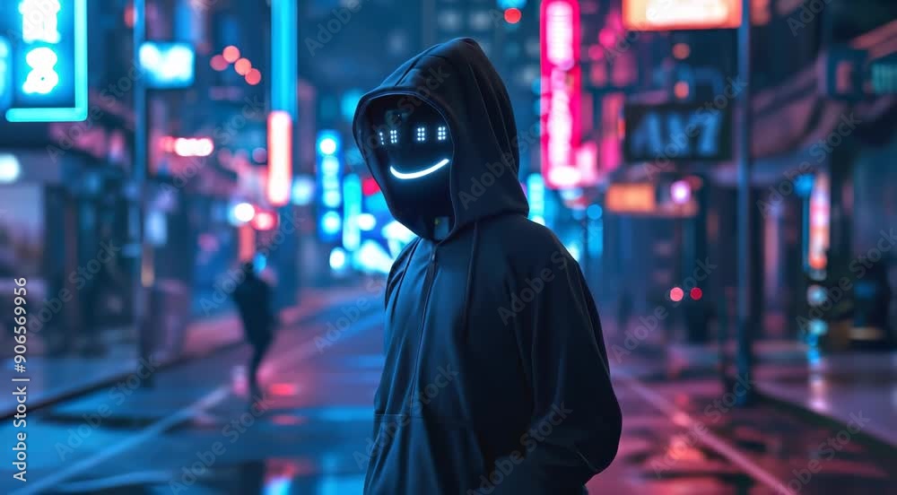 Person in hoodie with illuminated digital face mask standing in neon-lit urban street at night, featuring cyberpunk aesthetic. Person in hoodie with illuminated digital face mask standing in neon-lit urban street at night, featuring cyberpunk aesthetic.