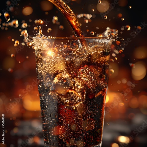Inviting Close-up of Coke Beverage Pouring into a Glass on a Dark Background, Capturing the Essence of Refreshment