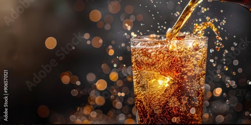 Inviting Close-up of Coke Beverage Pouring into a Glass on a Dark Background, Capturing the Essence of Refreshment