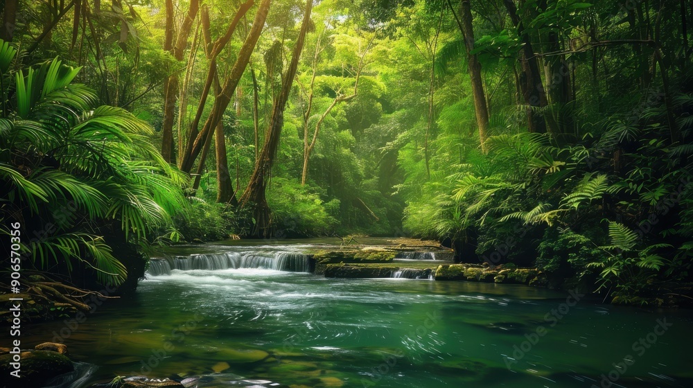 A breathtaking nature background featuring a dense forest with towering trees, lush green foliage, and a serene river flowing gently through the landscape, capturing the beauty and tranquility of the A breathtaking nature background featuring a dense forest with towering trees, lush green foliage, and a serene river flowing gently through the landscape, capturing the beauty and tranquility of the