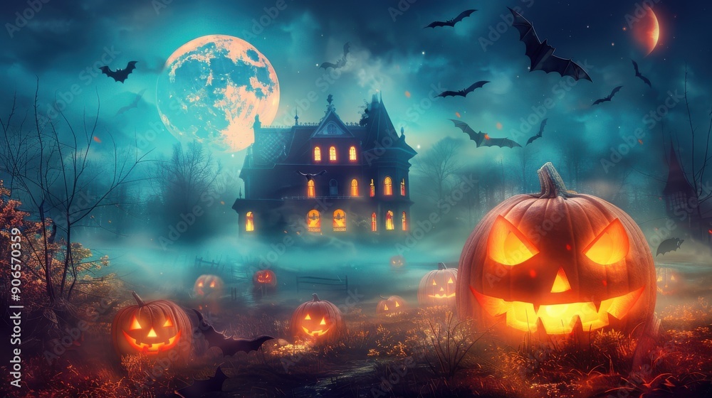 A spooky Halloween background featuring a haunted house silhouetted against a full moon, surrounded by eerie fog, bats flying in the sky, and carved pumpkins with glowing eyes and sinister grins A spooky Halloween background featuring a haunted house silhouetted against a full moon, surrounded by eerie fog, bats flying in the sky, and carved pumpkins with glowing eyes and sinister grins