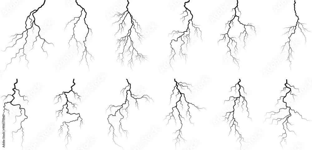 Vector lightning silhouettes set. Thunderstorm design. Vector illustration