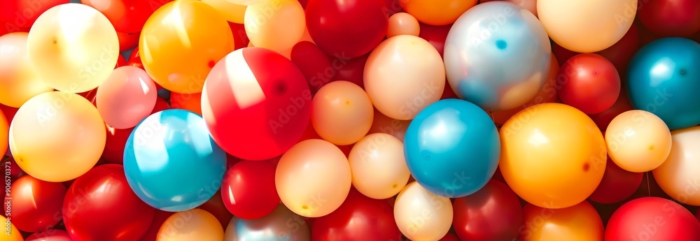Vibrant Multicolored Balloons Background. Concept of Celebration, Party Decoration, Festive Event, Joyful Occasions. Banner Vibrant Multicolored Balloons Background. Concept of Celebration, Party Decoration, Festive Event, Joyful Occasions. Banner