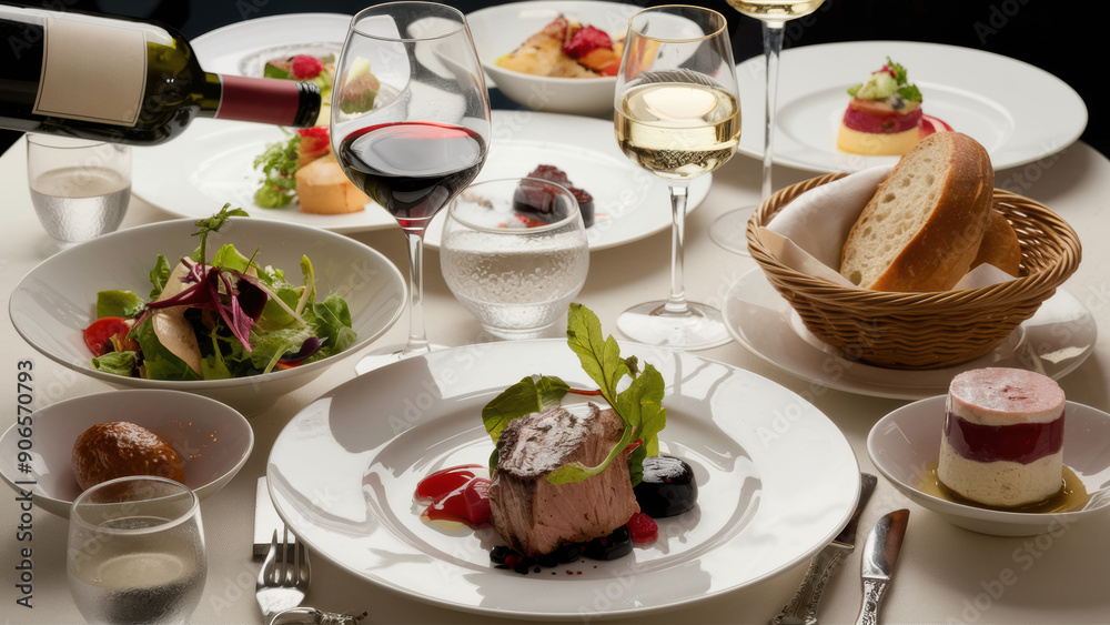A table with plates of food and wine on it, AI A table with plates of food and wine on it, AI