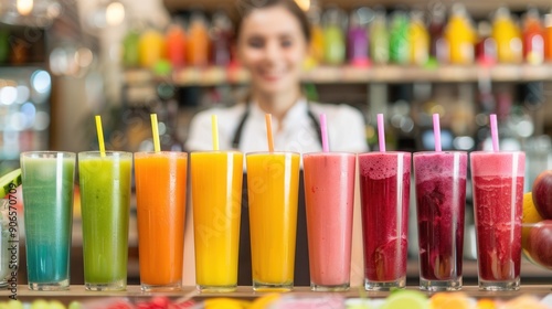 Colorful fresh fruit juice drink in a row on table in a fruit drink store