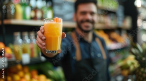 A worker holding a glass of fresh fruit juice drink in a fruit drink store