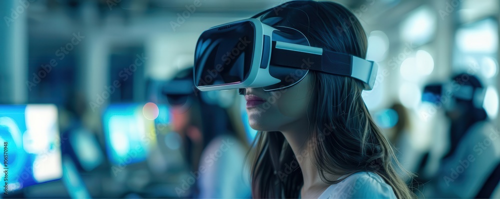 VR immersive work environment, online teamwork, productivity enhancement, advanced tone, Tetradic color scheme, side view, innovative collaboration tools, copy space for text, VR immersive work environment, online teamwork, productivity enhancement, advanced tone, Tetradic color scheme, side view, innovative collaboration tools, copy space for text,