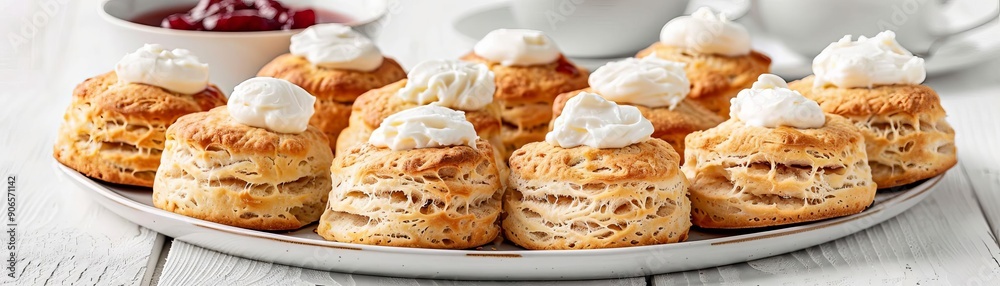 Freshly baked scones with clotted cream and jam, afternoon tea and scones, cozy indulgence Freshly baked scones with clotted cream and jam, afternoon tea and scones, cozy indulgence