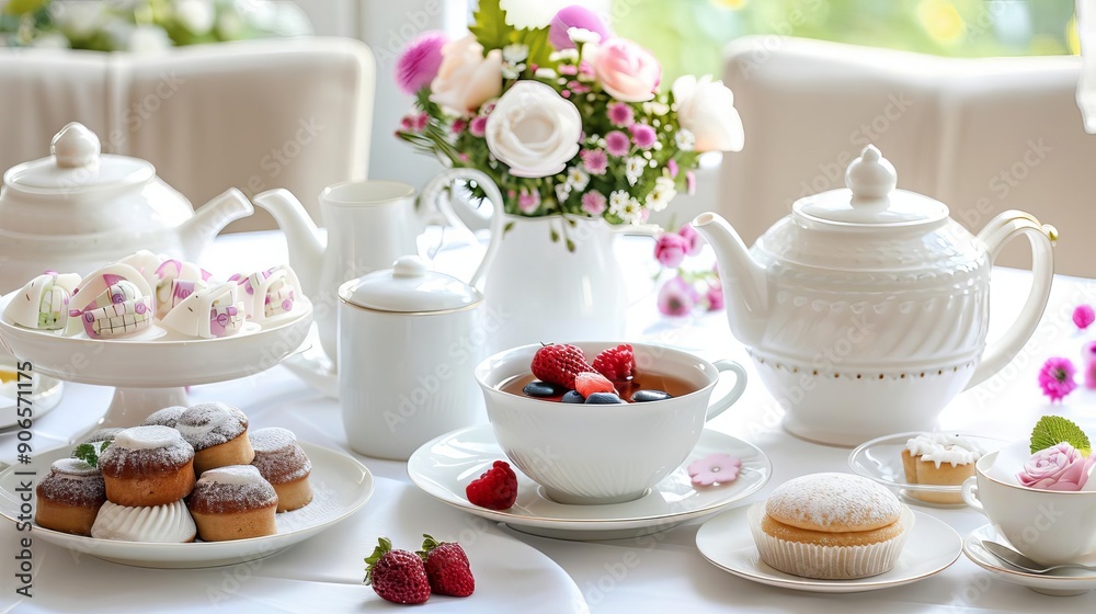 Lavishly decorated table with delicate tea ware, afternoon tea party decor, celebratory elegance Lavishly decorated table with delicate tea ware, afternoon tea party decor, celebratory elegance