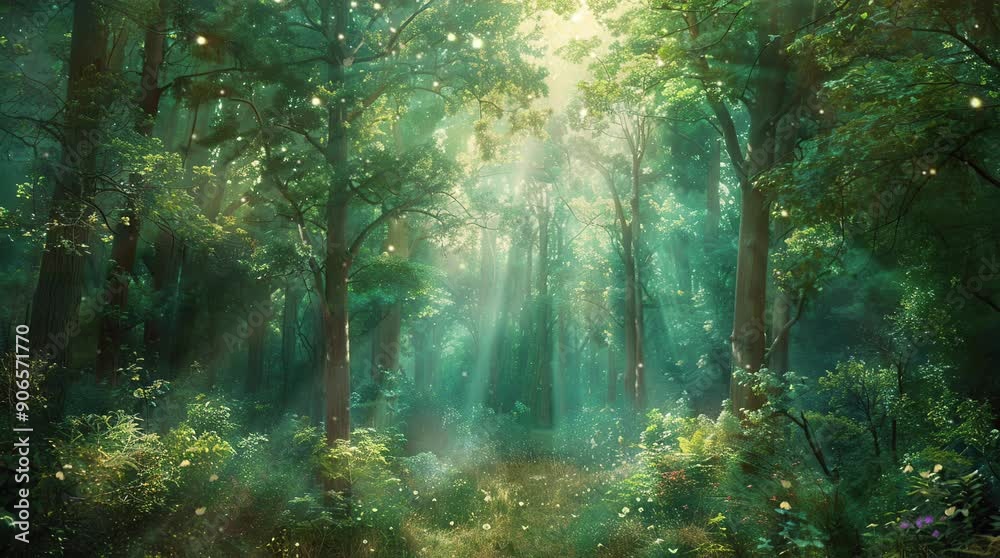 Sunlight rays filtering through the dense trees in a peaceful forest ...