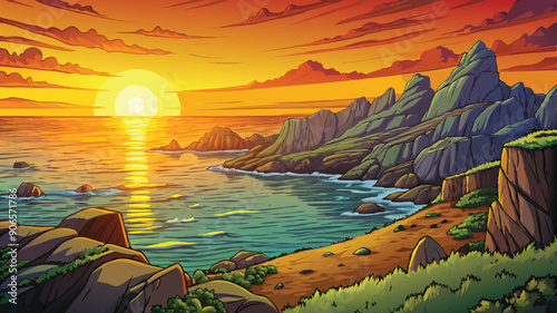 As the sun dips below the horizon, casting a warm glow across the tranquil sea, rugged rocks stand sentinel along the coastline, framing a breathtaking seascape vector art illustration