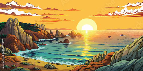 As the sun dips below the horizon, casting a warm glow across the tranquil sea, rugged rocks stand sentinel along the coastline, framing a breathtaking seascape vector art illustration