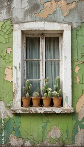 The image shows a green wall with a window in the center, adorned with potted cacti. The window is framed by a curtain, and the floor is visible at the bottom of the image.