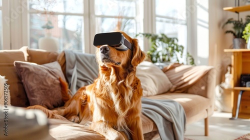 Golden Retriever dog Wearing Virtual Reality Headset on a Comfortable Sofa in a Sunlit Living Room. Concept of Pet Technology, Modern Home, Cute Dog, Relaxation
