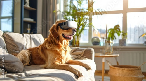 Golden Retriever dog Wearing Virtual Reality Headset on a Comfortable Sofa in a Sunlit Living Room. Concept of Pet Technology, Modern Home, Cute Dog, Relaxation