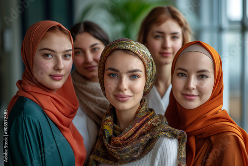 Group of smiling multiracial and multiethnic female colleagues looking at the camera, International Women's Day concept
