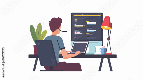 Happy Man Character Working with Laptop. Male 