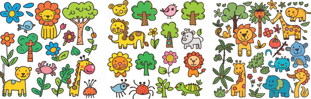 Obraz premium Baby zoo wild animals modern set with pencil drawing. Giraffe, lion and elephant illustration for kids.