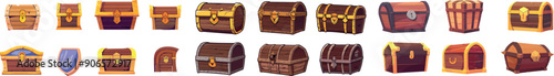 Cartoon treasure chest. Wooden chests, animation open empty wood box.