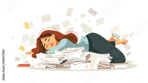 Tired Business Woman Sleeping at Workplace with Heaps