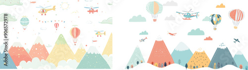 Children Scandinavian style landscape with aircraft over mountains and rocks.