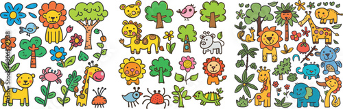 Baby zoo wild animals  modern set with pencil drawing. Giraffe, lion and elephant illustration for kids.