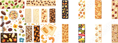 Healthy snack set. Muesli bars, brazil nuts, seeds, granola, nut mix, and crackers with herbs.