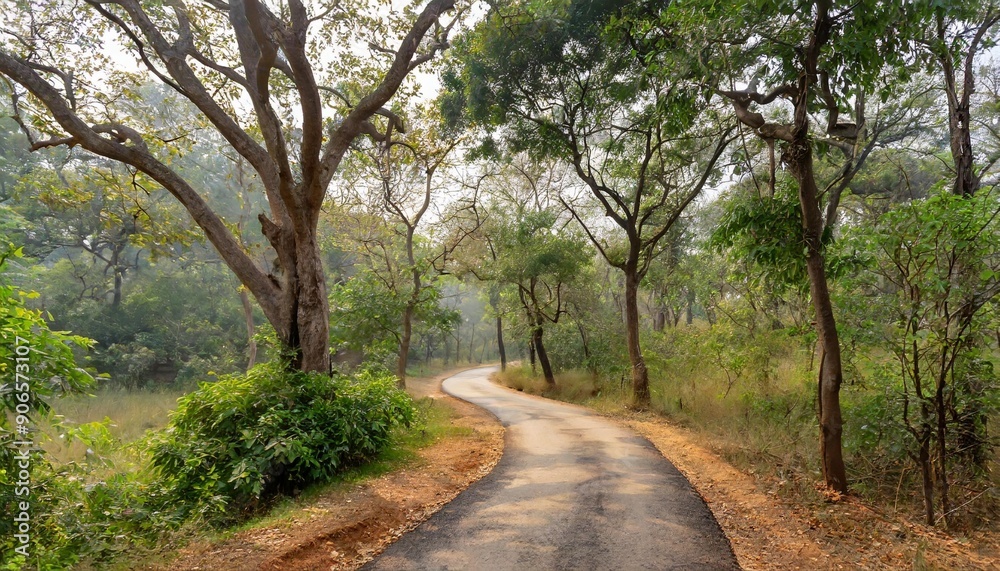 Unexplored path / Road less taken at Nagarhole national park, Karnataka, India. Bandipur forest. Curvy road ahead. Jungle safari searing wild animals. Tall trees, glomy weather, mysterious nature Unexplored path / Road less taken at Nagarhole national park, Karnataka, India. Bandipur forest. Curvy road ahead. Jungle safari searing wild animals. Tall trees, glomy weather, mysterious nature
