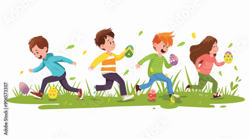 Four Children Character Eagerly Hunt Colorful Easter