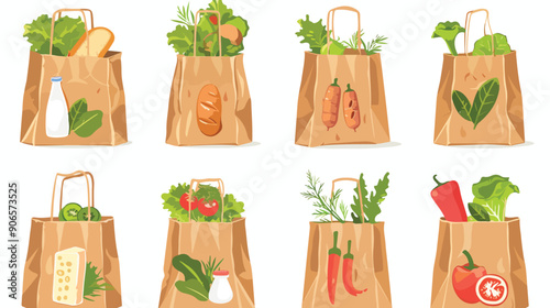 Food in Shopping Paper Bags. Bread or Cans with Milk