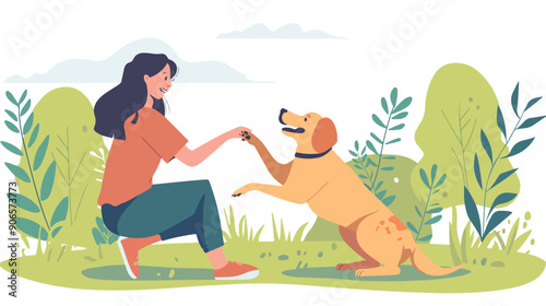 Happy Woman Playing with Dog on Street in Park 