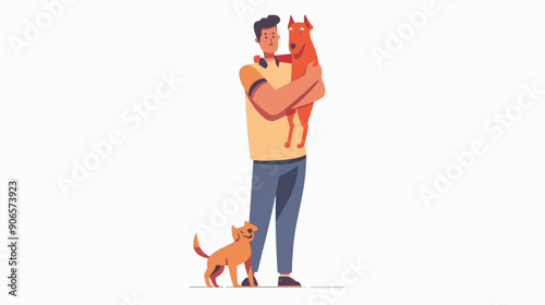 Happy Man Hugging Pet Landing Page Template. Owner 