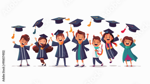 Graduate Kids Characters Celebrate Their Academic 