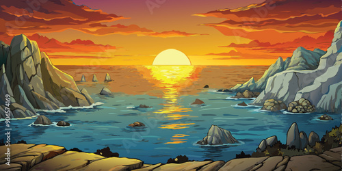 As the sun dips below the horizon, casting a warm glow across the tranquil sea, rugged rocks stand sentinel along the coastline, framing a breathtaking seascape vector art illustration