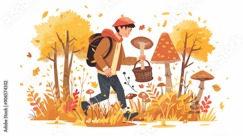 Young Man Ventures Into The Forest To Pick Mushrooms.