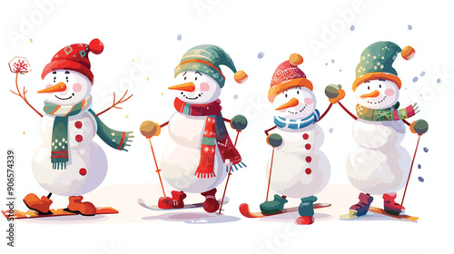 Four of Cute Snowmen Characters Wear Knit Clothes 