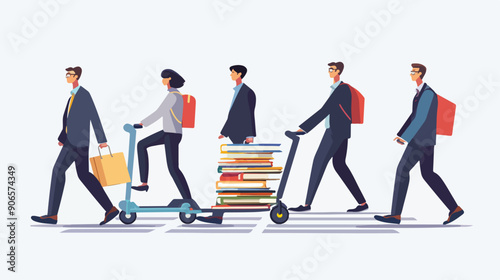 Four Businessman Pushing Heavy Trolley with Heap