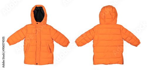 Orange children's jacket isolated on transparent background. With clipping path. Cut out contour autumn winter spring jacket for child, mockup. Object for advertising, design photo