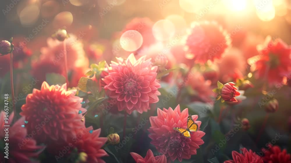 Red dahlias with a butterfly in the sunset. Red dahlias with a butterfly in the sunset.