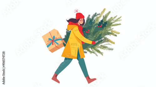 Happy Girl in Winter Clothes Carry Fir Tree Landing 