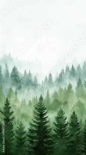 A serene forest landscape covered in mist, showcasing vibrant green trees and a calm, tranquil atmosphere.