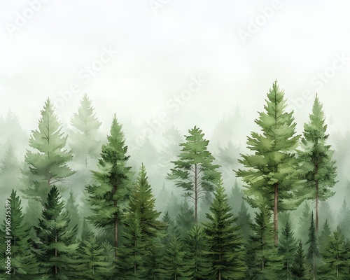 A serene landscape featuring tall evergreen trees shrouded in mist, creating a peaceful and tranquil atmosphere.