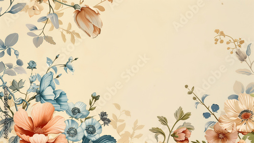 Pastoral Charm: Flowers in Light Teal and Beige Frame photo