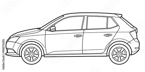 Outline drawing of a hatchback car from side view. Classic style. Vector outline doodle illustration. Design for print or color book
