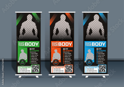 Modern fitness gym business standee rollup banner, Bodybuilding & gym rollup template, and unique gym fitness banner promotion, Vector modern fitness gym standee rollup banner design