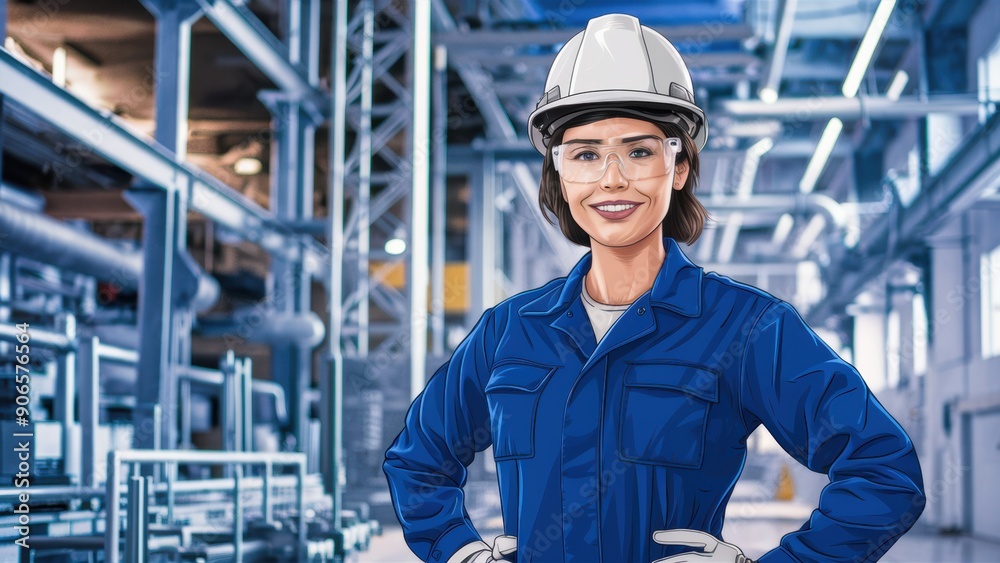 A woman in a hard hat and safety vest standing next to machinery, AI A woman in a hard hat and safety vest standing next to machinery, AI