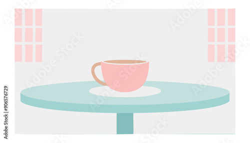 Illustrazione vettoriale di una tazzina di caffè su un tavolo in un caffè, con colori pastello che creano un'atmosfera elegante e rilassante, ideale per la colazione.